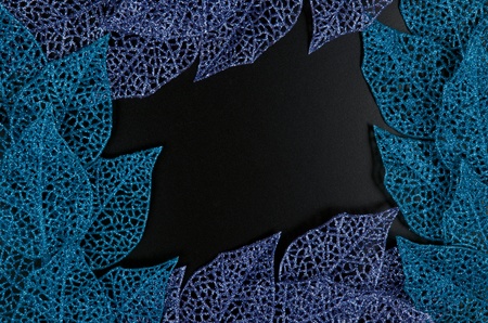 Blue and purple leaves forming an abstract frame over black background.