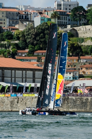PORTO, PORTUGAL - JULY 07: ZouLou compete in the Extreme Sailing Series boat race on july 07, 2012 in Porto, Portugal.のeditorial素材