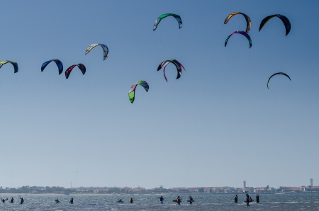 MURTOSA, PORTUGAL - JULY 14: Participants in the Portuguese National Kitesurf Championship 2012 on july 14, 2012 in Murtosa, Portugal. in the Portuguese National Kitesurf Championship 2012 on july 14, 2012 in Murtosa, Portugal.のeditorial素材
