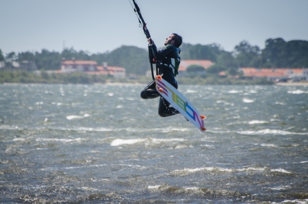 MURTOSA, PORTUGAL - JULY 15: Participant in the Portuguese National Kitesurf Championship 2012 on july 15, 2012 in Murtosa, Portugal.のeditorial素材