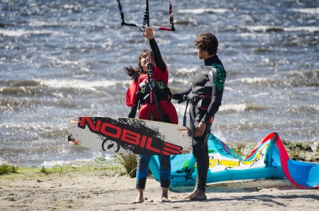 MURTOSA, PORTUGAL - JULY 15: Participants in the Portuguese National Kitesurf Championship 2012 on july 15, 2012 in Murtosa, Portugal.のeditorial素材