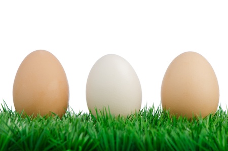 Group of three fresh eggs on grass.の写真素材