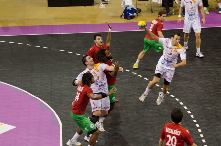 ESPINHO, PORTUGAL - NOVEMBER 4 : Manaskov (MKD) during the European Championship qualifying match Portugal - Macedonia, November 4, 2012 in Espinho, Portugalのeditorial素材