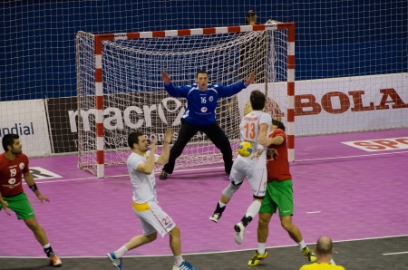 ESPINHO, PORTUGAL - NOVEMBER 4 : Macedonia attack during the European Championship qualifying match Portugal - Macedonia, November 4, 2012 in Espinho, Portugalのeditorial素材