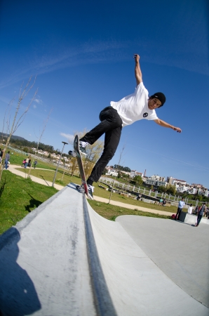 VALE DE CAMBRA, PORTUGAL - APRIL 06: Pedro Machado at Best Trick Skate Contest by Kate on april 06, 2013 in Vale de Cambra, Portugal.のeditorial素材