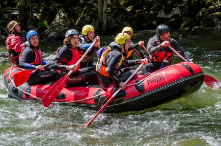 AROUCA, PORTUGAL - APRIL 27: Staff members leaving to the dayÂ´s river  at the Paivafest 2013 on april 27, 2013 in Arouca, Portugal.のeditorial素材