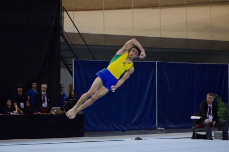 ANADIA, PORTUGAL - JUNE 21: Arthur Mariano (BRA) during the Art Gymnastics FIG World Cup Challenge on june 21, 2013 in Anadia, Portugal.のeditorial素材