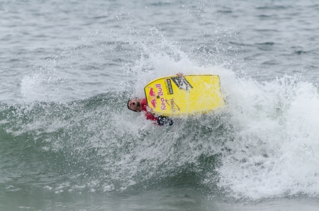 OVAR, PORTUGAL - AUGUST 16: Hugo Pincheiro at the 2nd Stage of the Bodyboard Protour 2013 on august...