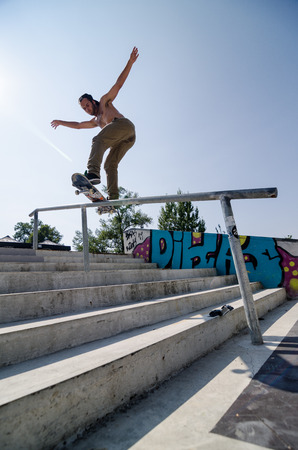 VISEU, PORTUGAL - JULY 27, 2014: Nuno Cardoso during the 2nd Stage DC Skate Challenge by Fuel TV.のeditorial素材