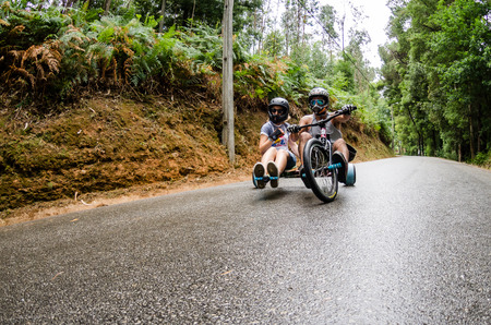 PINHEIRO DA BEMPOSTA, PORTUGAL - AUGUST 10, 2014: Pedro Castro driving a Side Trike during the 2nd Newton's Force Festival 2014.のeditorial素材