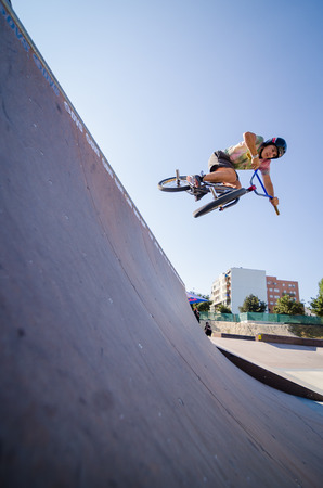 FELGUEIRAS, PORTUGAL - AUGUST 17, 2014: Joao Pires during the 1st Stage of the DVS BMX Series 2014 by Fuel TV.のeditorial素材