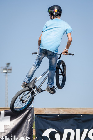 FELGUEIRAS, PORTUGAL - AUGUST 17, 2014: Tiago Martins during the 1st Stage of the DVS BMX Series 2014 by Fuel TV.のeditorial素材