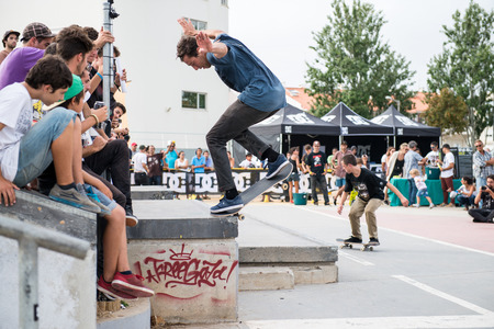 CASCAIS, PORTUGAL - SEPTEMBER 6 2014: Mikey Taylor at the international skate demo DC Initials Tour.のeditorial素材
