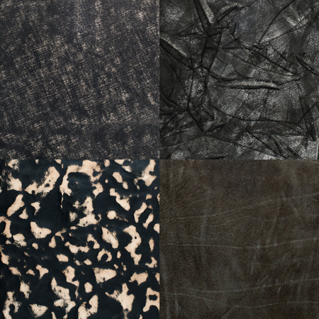 Set of black leather samples, texture background.の写真素材