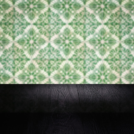 Empty wood table top and blur vintage ceramic tile pattern wall in background, Mock up template for display of your product.の写真素材