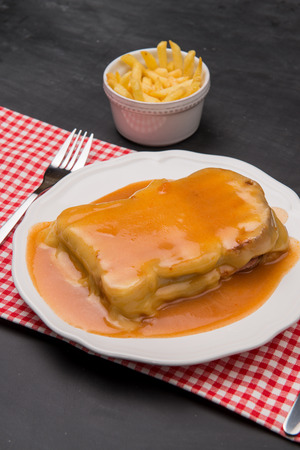 Francesinha and french fries, typical food from Porto, Portugalの写真素材