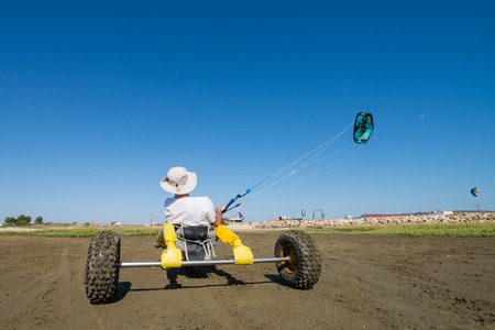ILHAVO, PORTUGAL - JULY 24, 2015: Ralph Irner riding a kitebuggy during the Festival de Verao na Riaのeditorial素材
