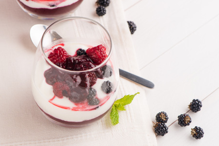 Yogurt desert with raspberries, blackberry and mint.の写真素材