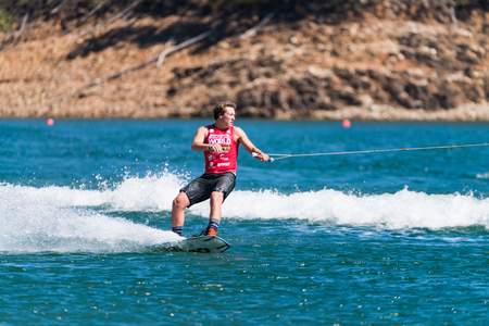 FERREIRA DO ZEZERE, PORTUGAL - SEPTEMBER 19, 2015: Robby Holihan USA during the WWA Supra World Wakeboard Championship 2015 in Ferreira do Zezere, Portugal.のeditorial素材