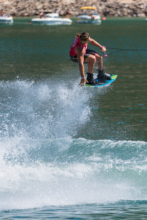 FERREIRA DO ZEZERE, PORTUGAL - SEPTEMBER 19, 2015: Tony Lacconi AUS during the WWA Supra World Wakeboard Championship 2015 in Ferreira do Zezere, Portugal.のeditorial素材
