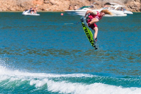 FERREIRA DO ZEZERE, PORTUGAL - SEPTEMBER 19, 2015: Noah Flegel (USA) during the WWA Supra World Wakeboard Championship 2015 in Ferreira do Zezere, Portugal.のeditorial素材