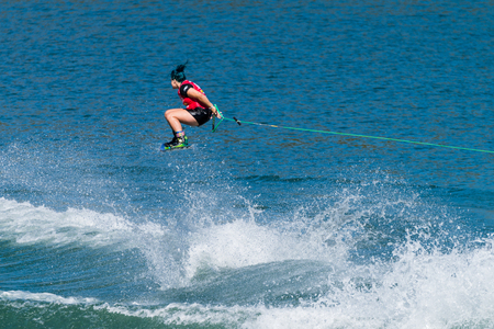 FERREIRA DO ZEZERE, PORTUGAL - SEPTEMBER 19, 2015: Raimi Merritt (USA) during the WWA Supra World Wakeboard Championship 2015 in Ferreira do Zezere, Portugal.のeditorial素材