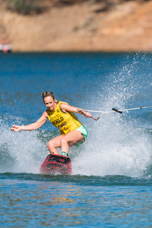 FERREIRA DO ZEZERE, PORTUGAL - SEPTEMBER 19, 2015: Dallas Friday (USA) during the WWA Supra World Wakeboard Championship 2015 in Ferreira do Zezere, Portugal.のeditorial素材