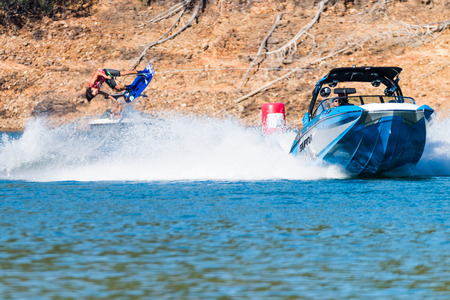 FERREIRA DO ZEZERE, PORTUGAL - SEPTEMBER 19, 2015: Shota Tezuka (JPN) during the WWA Supra World Wakeboard Championship 2015 in Ferreira do Zezere, Portugal.のeditorial素材