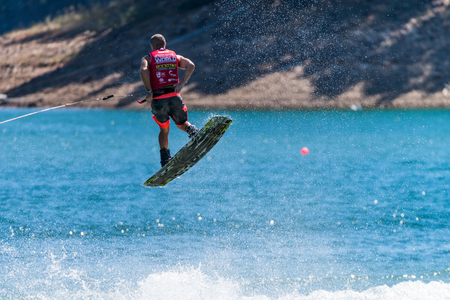 FERREIRA DO ZEZERE, PORTUGAL - SEPTEMBER 19, 2015: Dean Smith (AUS) during the WWA Supra World Wakeboard Championship 2015 in Ferreira do Zezere, Portugal.のeditorial素材