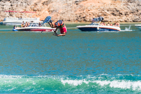 FERREIRA DO ZEZERE, PORTUGAL - SEPTEMBER 19, 2015: Dean Smith (AUS) during the WWA Supra World Wakeboard Championship 2015 in Ferreira do Zezere, Portugal.のeditorial素材