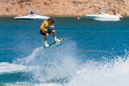 FERREIRA DO ZEZERE, PORTUGAL - SEPTEMBER 19, 2015: Harley Clifford (AUS) during the WWA Supra World Wakeboard Championship 2015 in Ferreira do Zezere, Portugal.のeditorial素材