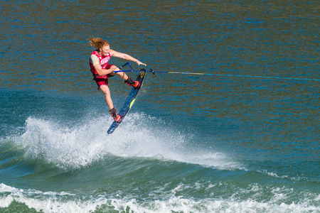 FERREIRA DO ZEZERE, PORTUGAL - SEPTEMBER 19, 2015: Noah Flegel (USA) during the WWA Supra World Wakeboard Championship 2015 in Ferreira do Zezere, Portugal.のeditorial素材