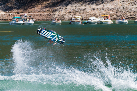FERREIRA DO ZEZERE, PORTUGAL - SEPTEMBER 19, 2015: Tony Lacconi (AUS) during the WWA Supra World Wakeboard Championship 2015 in Ferreira do Zezere, Portugal.のeditorial素材