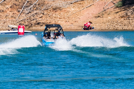 FERREIRA DO ZEZERE, PORTUGAL - SEPTEMBER 19, 2015: Noah Flegel (USA) during the WWA Supra World Wakeboard Championship 2015 in Ferreira do Zezere, Portugal.のeditorial素材