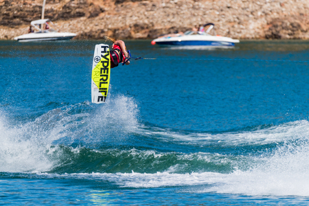 FERREIRA DO ZEZERE, PORTUGAL - SEPTEMBER 19, 2015: Noah Flegel (USA) during the WWA Supra World Wakeboard Championship 2015 in Ferreira do Zezere, Portugal.のeditorial素材