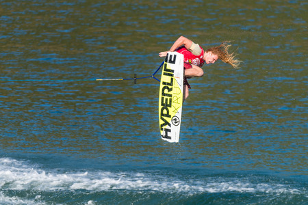 FERREIRA DO ZEZERE, PORTUGAL - SEPTEMBER 19, 2015: Noah Flegel (USA) during the WWA Supra World Wakeboard Championship 2015 in Ferreira do Zezere, Portugal.のeditorial素材