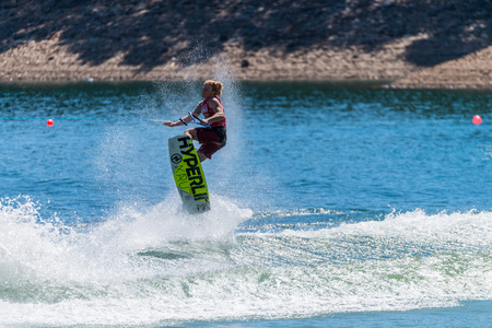 FERREIRA DO ZEZERE, PORTUGAL - SEPTEMBER 19, 2015: Noah Flegel (USA) during the WWA Supra World Wakeboard Championship 2015 in Ferreira do Zezere, Portugal.のeditorial素材