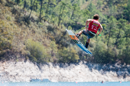 FERREIRA DO ZEZERE, PORTUGAL - SEPTEMBER 19, 2015: Nic Rapa (AUS) during the WWA Supra World Wakeboard Championship 2015 in Ferreira do Zezere, Portugal.のeditorial素材