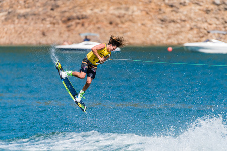 FERREIRA DO ZEZERE, PORTUGAL - SEPTEMBER 19, 2015: Harley Clifford (AUS) during the WWA Supra World Wakeboard Championship 2015 in Ferreira do Zezere, Portugal.のeditorial素材