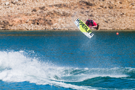 FERREIRA DO ZEZERE, PORTUGAL - SEPTEMBER 19, 2015: Noah Flegel (USA) during the WWA Supra World Wakeboard Championship 2015 in Ferreira do Zezere, Portugal.のeditorial素材