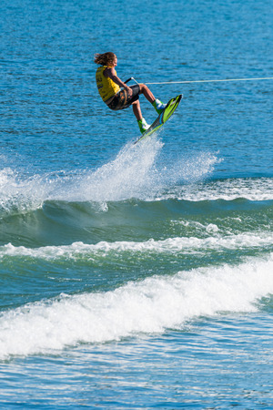 FERREIRA DO ZEZERE, PORTUGAL - SEPTEMBER 19, 2015: Harley Clifford (AUS) during the WWA Supra World Wakeboard Championship 2015 in Ferreira do Zezere, Portugal.のeditorial素材