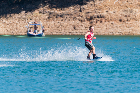 FERREIRA DO ZEZERE, PORTUGAL - SEPTEMBER 19, 2015: Nic Rapa (AUS) during the WWA Supra World Wakeboard Championship 2015 in Ferreira do Zezere, Portugal.のeditorial素材