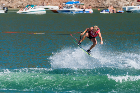 FERREIRA DO ZEZERE, PORTUGAL - SEPTEMBER 19, 2015: Austin Polterock (USA) during the WWA Supra World Wakeboard Championship 2015 in Ferreira do Zezere, Portugal.のeditorial素材