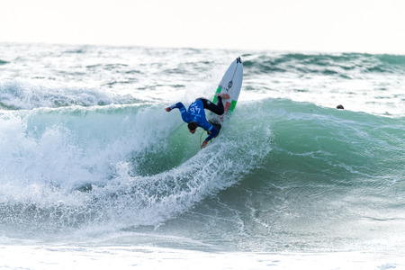 PENICHE, PORTUGAL - OCTOBER 30, 2015: Brett Simpson USA during the Moche Rip Curl Pro Portugal,...