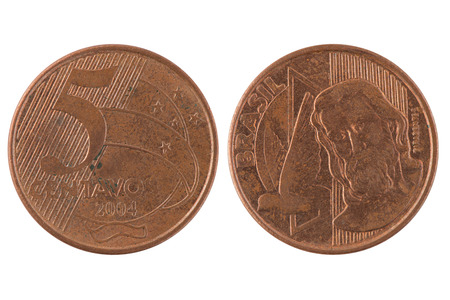 Five Brazilian centavos coin isolated on white background.