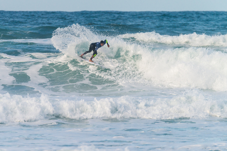 ERICEIRA, PORTUGAL - JANUARY 12, 2015: Mihimana Braye PYF during the 2016 World Junior Championships, Men's Junior Tour 1 at Ribeira D'Ilhas beach - Ericeira, Portugal.のeditorial素材