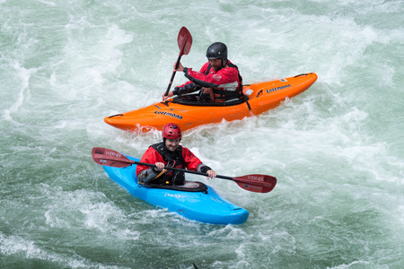 AROUCA, PORTUGAL - APRIL 23: Daniel Afonso and Ricardo Inverno on the blue kayak at the Paivafest on april 23, 2016 in Arouca, Portugal.のeditorial素材