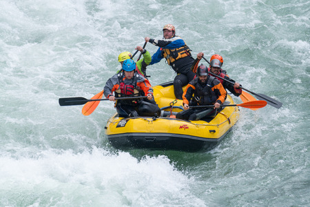 AROUCA, PORTUGAL - APRIL 23: Yellow raft team at the Paivafest on april 23, 2016 in Arouca, Portugal.のeditorial素材