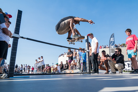 POVOA DE VARZIM, PORTUGAL - JULY 24, 2016: Pedro Roseiro during  the 2nd Stage of DC Skate Challenge by Moche.のeditorial素材