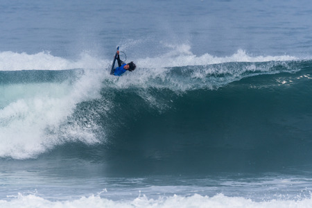 VIANA DO CASTELO, PORTUGAL - SEPTEMBER 22, 2016: Marcelo Faundez (CHI) during  the Viana World Bodyboard Championship 2016.のeditorial素材